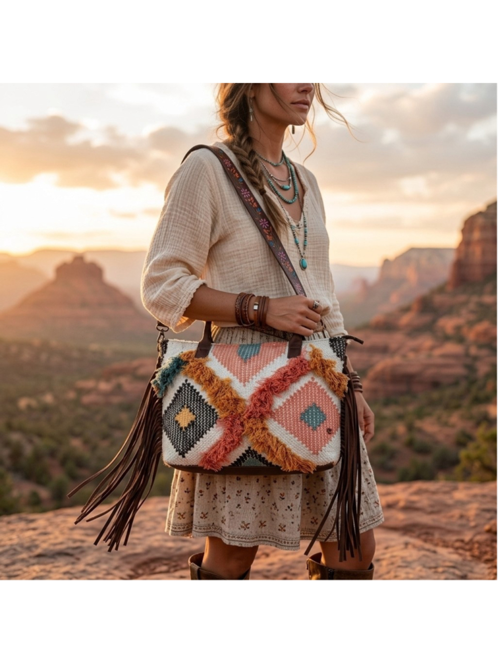 American Darling Sunrise and Dark Skys Boho Fringe Embroidered 4 in 1 Satchel